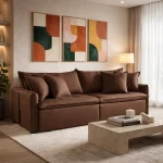 SOFÁ CAMA SEVILHA (2,20) SEM CAIXA - LIVING & RETRÁTIL COM ALMOFADAS SOLTAS - VELUDO MARROM