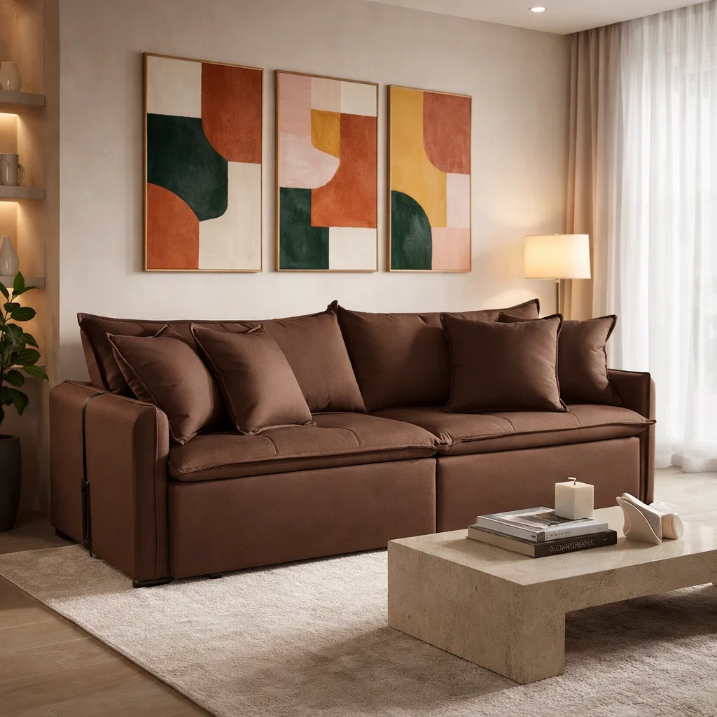 SEVIILHA-MARROM SOFÁ CAMA SEVILHA (2,20) SEM CAIXA - LIVING & RETRÁTIL COM ALMOFADAS SOLTAS - VELUDO MARROM - Imagem 1