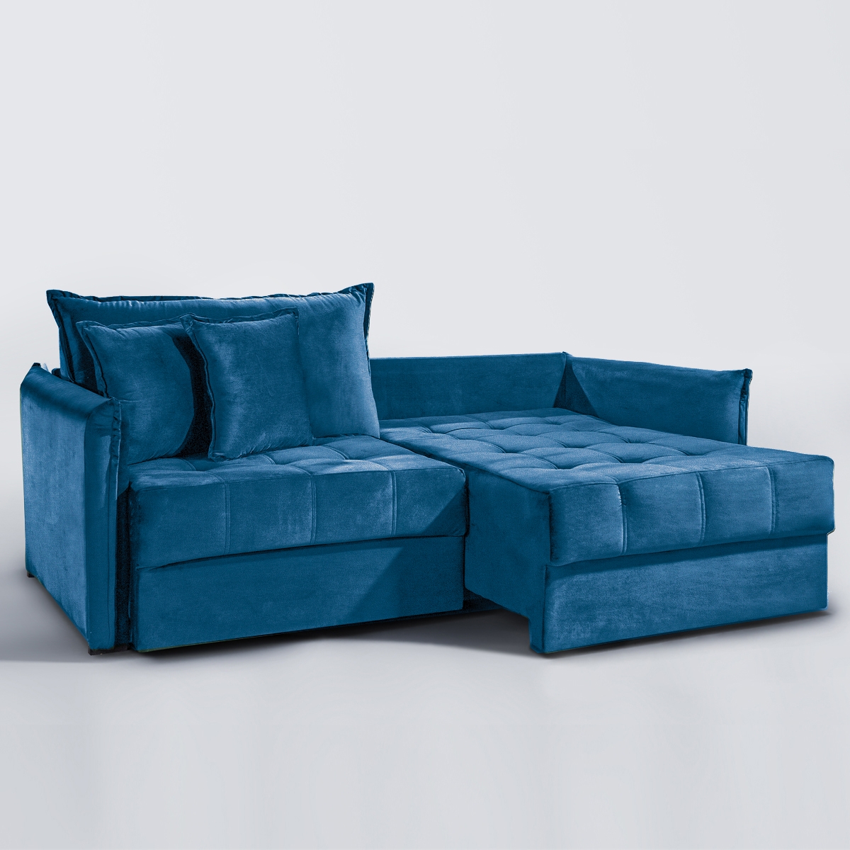 SOFÁ MILANNO (2,20) LIVING VERSÁTIL & RETRÁTIL COM ALMOFADAS SOLTAS - VELUDO AZUL