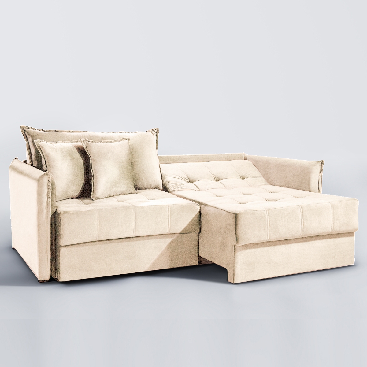 SOFÁ MILANNO (2,20) LIVING VERSÁTIL & RETRÁTIL COM ALMOFADAS SOLTAS - VELUDO BEGE