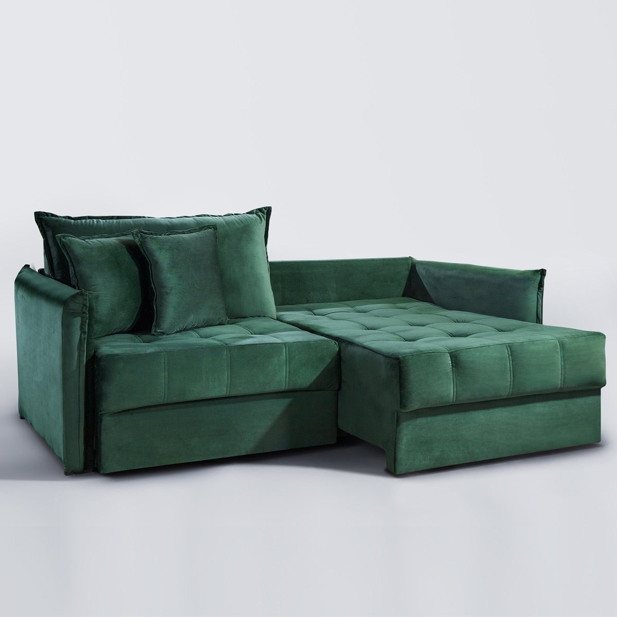 SOFÁ MILANNO (2,20) LIVING VERSÁTIL & RETRÁTIL COM ALMOFADAS SOLTAS - VELUDO VERDE