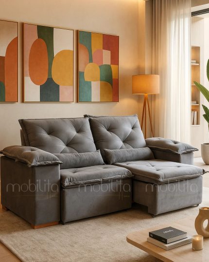 SOFÁ TURIM (2,00M) 3 LUGARES RETRÁTIL E RECLINÁVEL - VELUDO GRAFITE