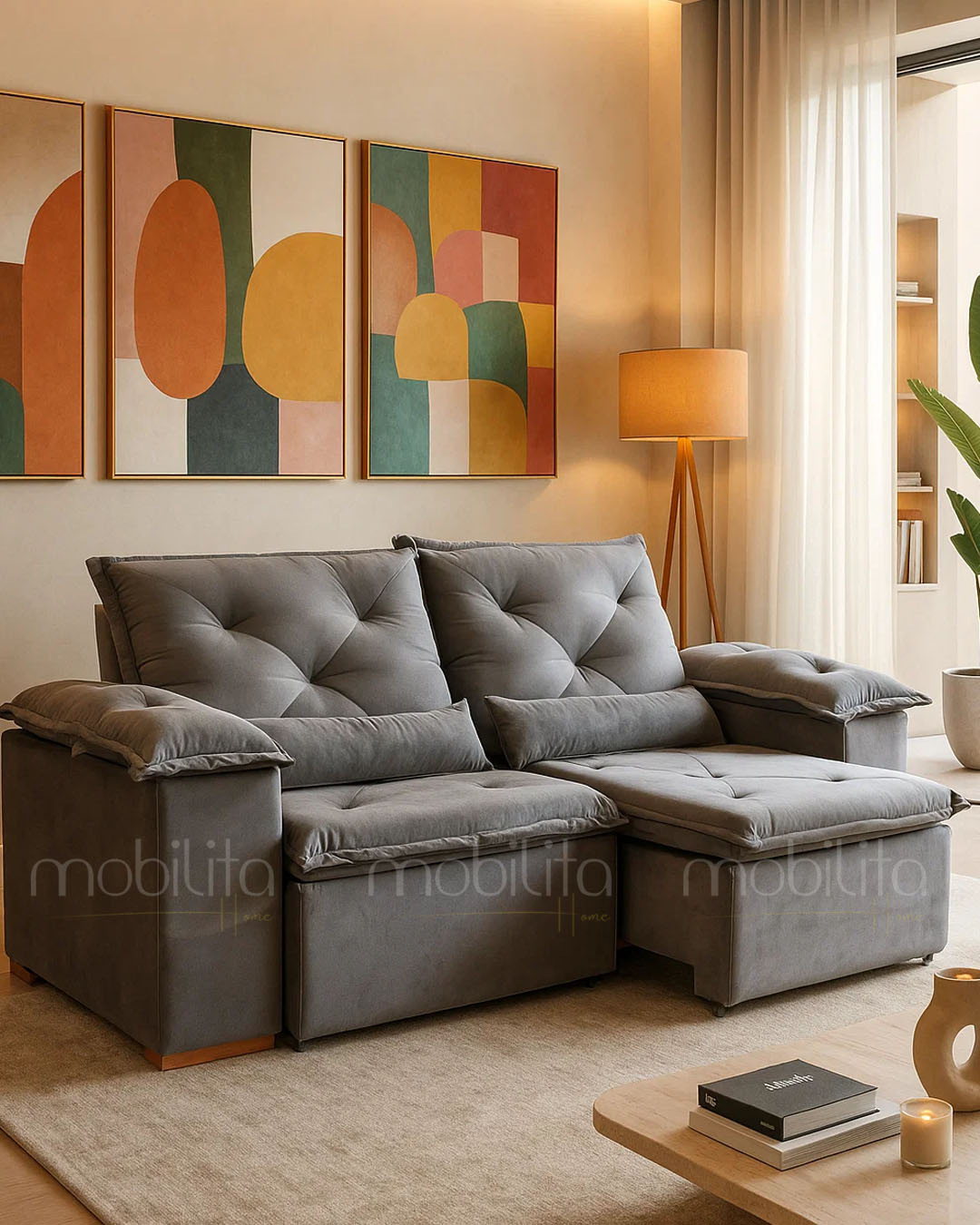 SOFÁ TURIM (2,00M) 3 LUGARES RETRÁTIL E RECLINÁVEL - VELUDO GRAFITE