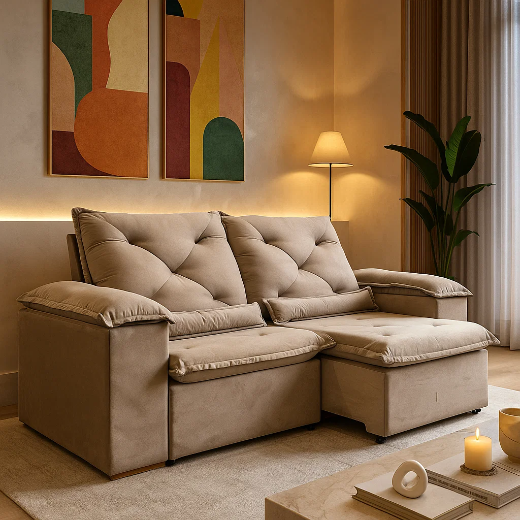 TURIM BEGE SOFÁ TURIM (2,00M) 3 LUGARES RETRÁTIL E RECLINÁVEL - VELUDO BEGE - Imagem 1