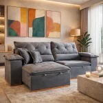 SOFÁ AGHATA (2,50M) 4 LUGARES RETRÁTIL E RECLINÁVEL - VELUDO GRAFITE