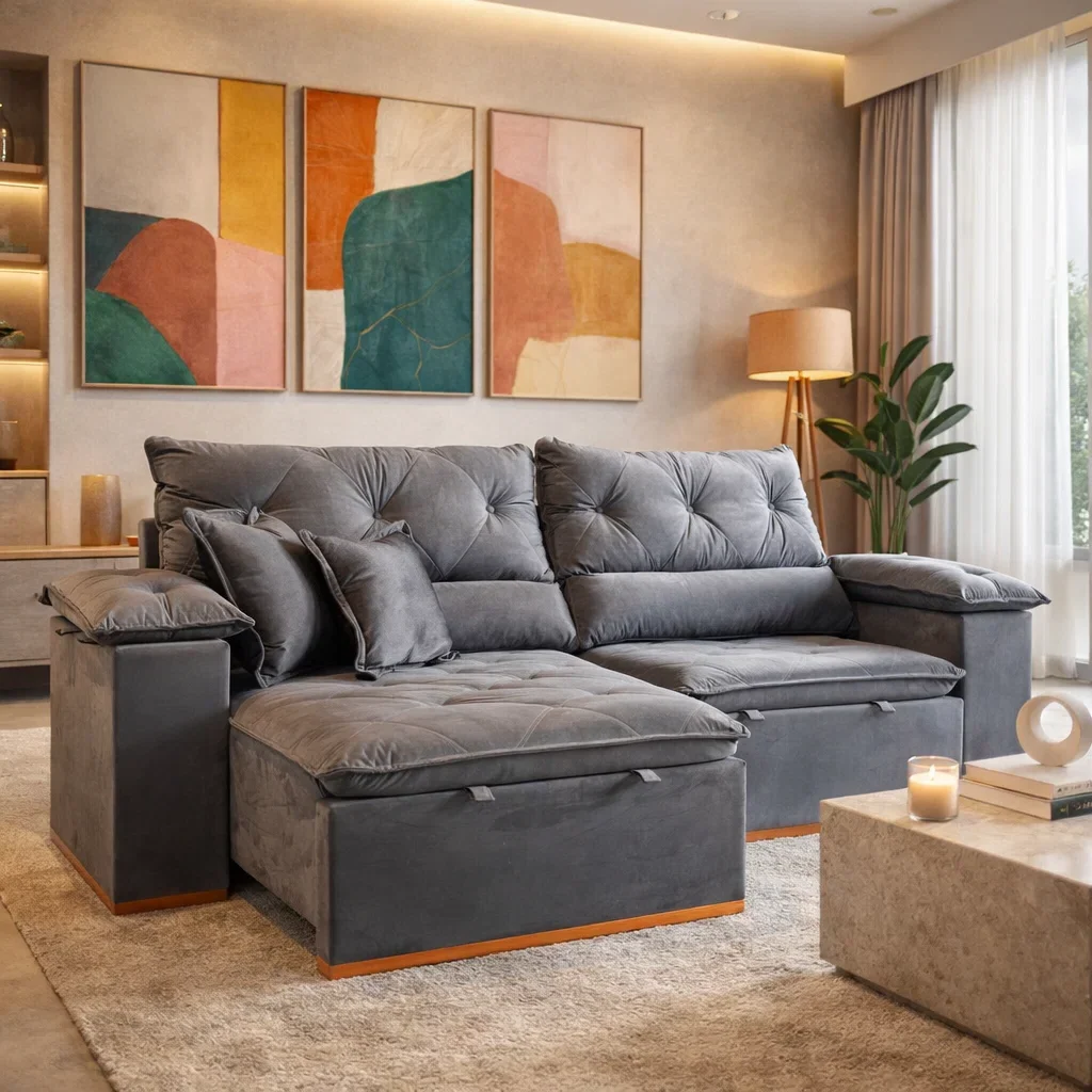 AGHATA-CINZA SOFÁ AGHATA (2,50M) 4 LUGARES RETRÁTIL E RECLINÁVEL - VELUDO GRAFITE - Imagem 1