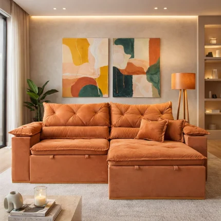 SOFÁ AGHATA (2,50M) 4 LUGARES RETRÁTIL E RECLINÁVEL - VELUDO TERRACOTA
