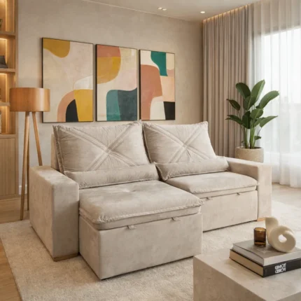 Sofa Marvin 2,00m Retrátil e Reclinável 3 lugares , veludo bege