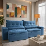 SOFÁ PALERMO (2,50M) 4 LUGARES RETRÁTIL E RECLINÁVEL - VELUDO AZUL - Imagem 2