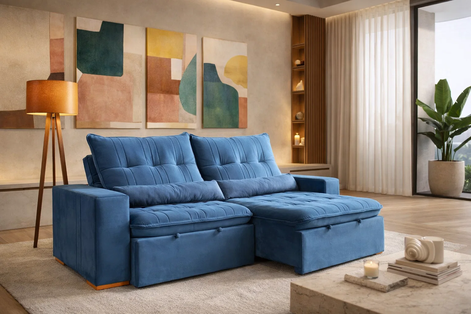 PALERMO-AZUL01 SOFÁ PALERMO (2,50M) 4 LUGARES RETRÁTIL E RECLINÁVEL - VELUDO AZUL - Imagem 1