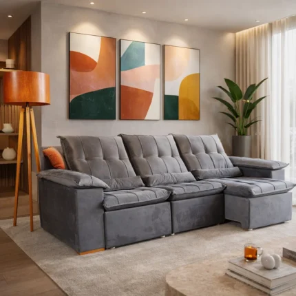 SOFÁ LUCCA (2,75M) 5 LUGARES RETRÁTIL E RECLINÁVEL - VELUDO GRAFITE