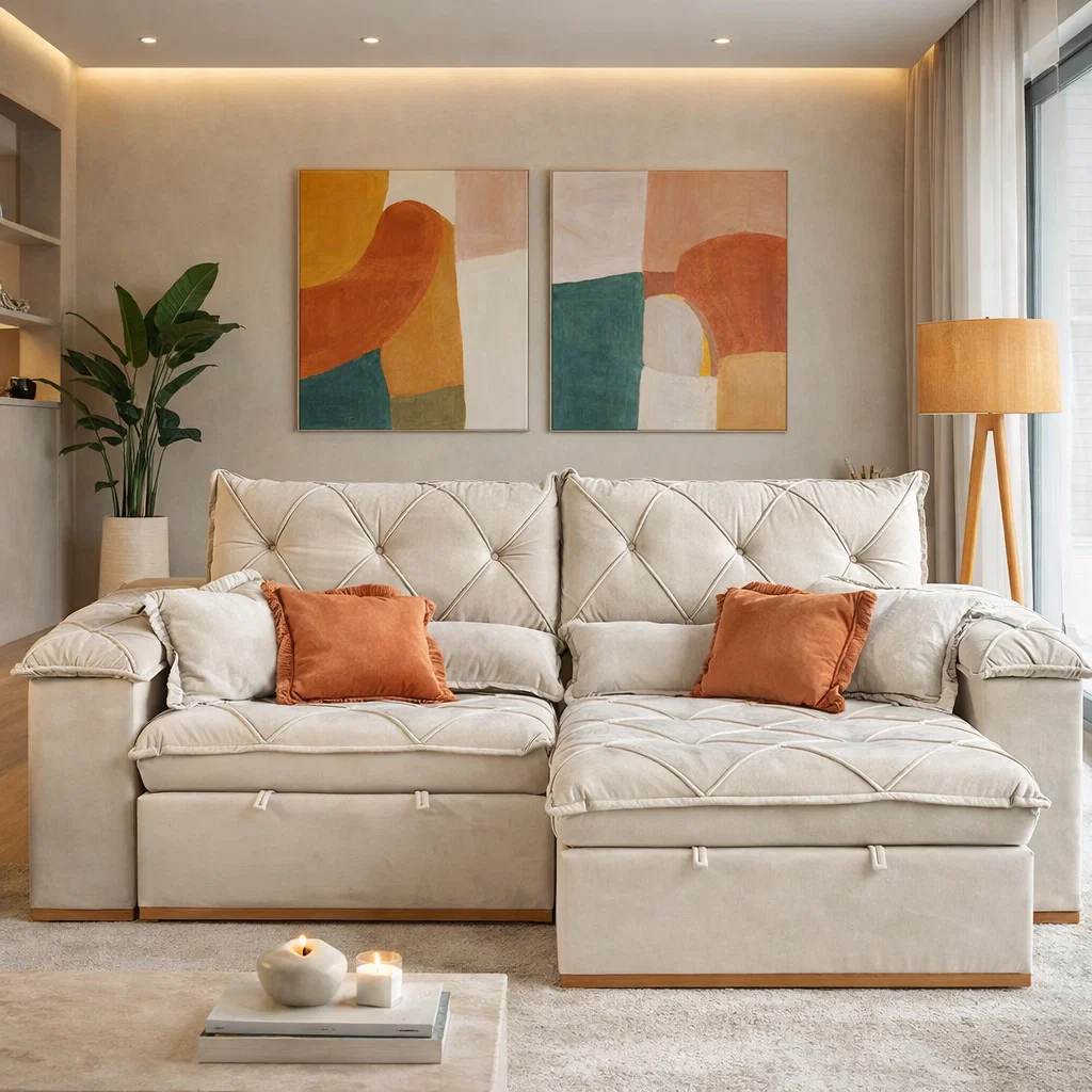 HANOVER-BEGE Sofá Hanover molas bonel 2,50m retrátil e reclinável veludo bege - Imagem 1