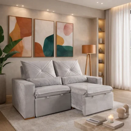 Sofa Marvin 2,00m Retrátil e Reclinável 3 lugares , veludo prata