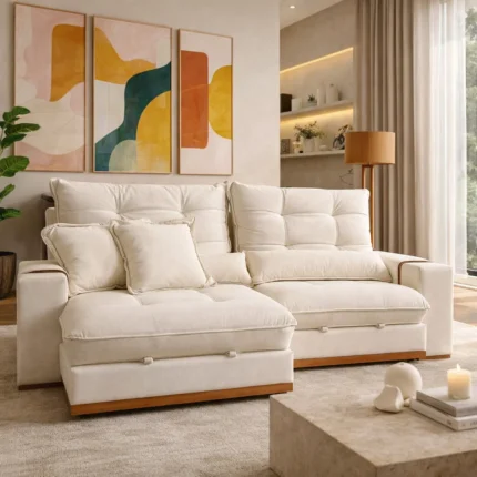 Sofá Prado molas ensacadas 2,50m retrátil e reclinável veludo marfim