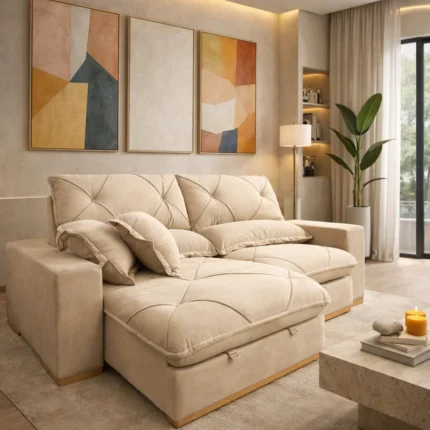 Sofá Santorini molas ensacadas 2,50m retrátil e reclinável veludo bege