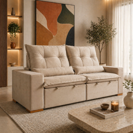 Sofa Urban 2,00m Retrátil e Reclinável 3 lugares  veludo bege