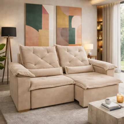 Sofá Diamante Retrátil e Reclinável  2,00m 3 lugares - veludo bege